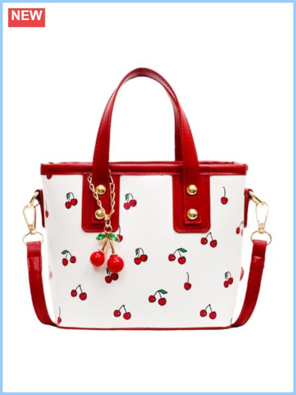 Cherry Print Bucket Bag Top Handle Shoulder Purse Fruit Charm Satchel